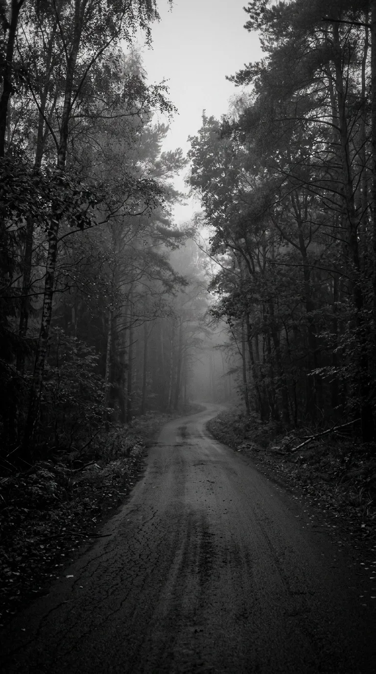 An empty forest road fading into fog.