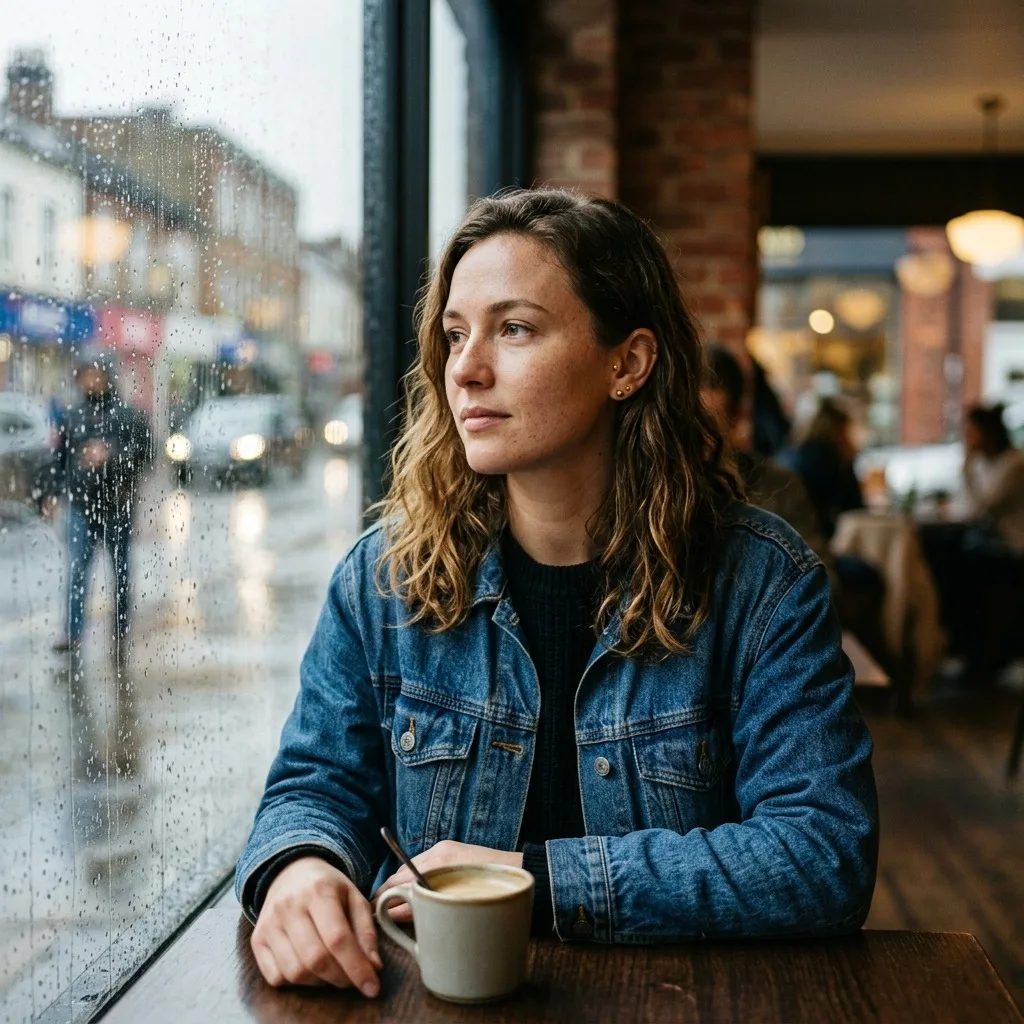 An adult woman with denim jacket beside rainy cafe window