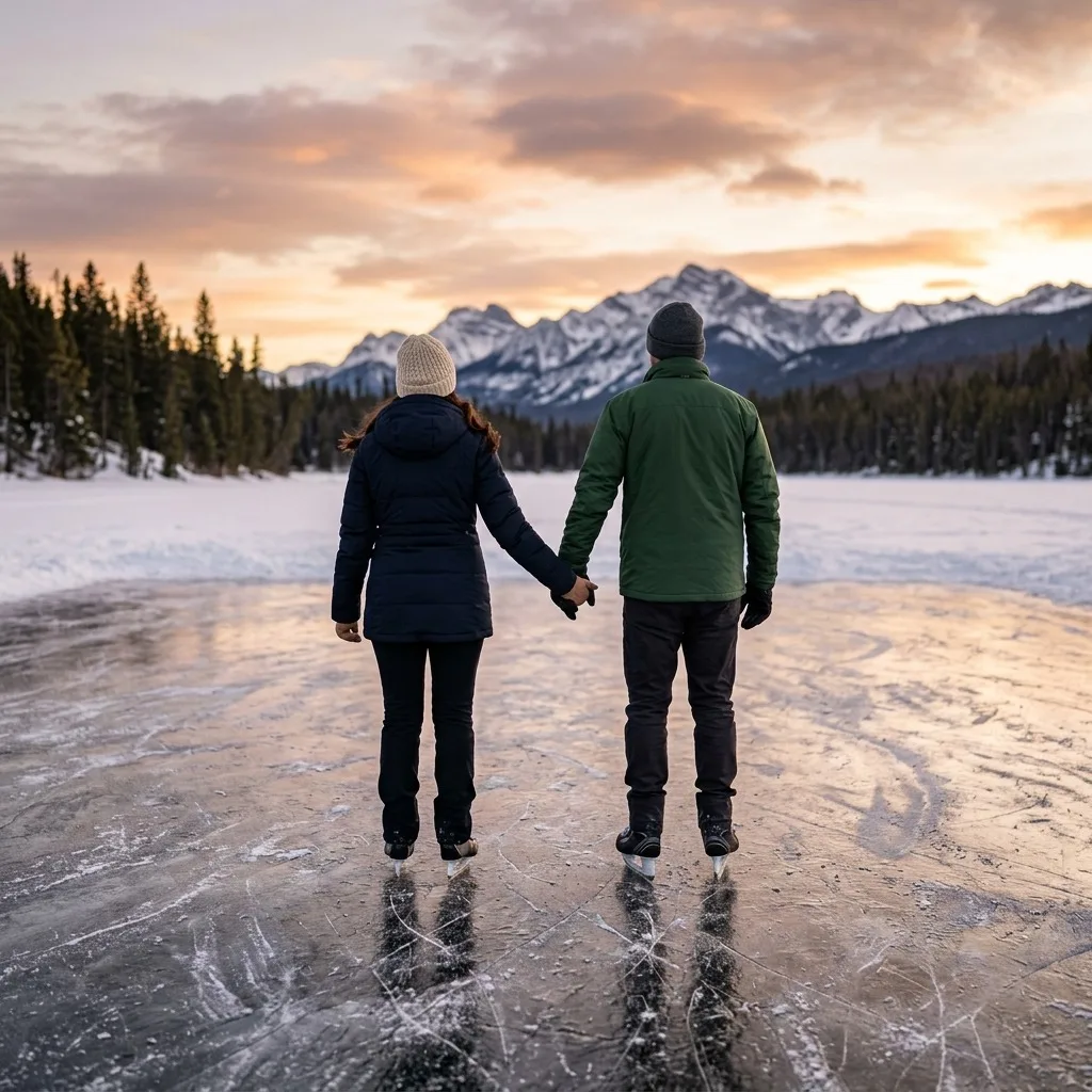 Adult couple skating together on a frozen lake from behind