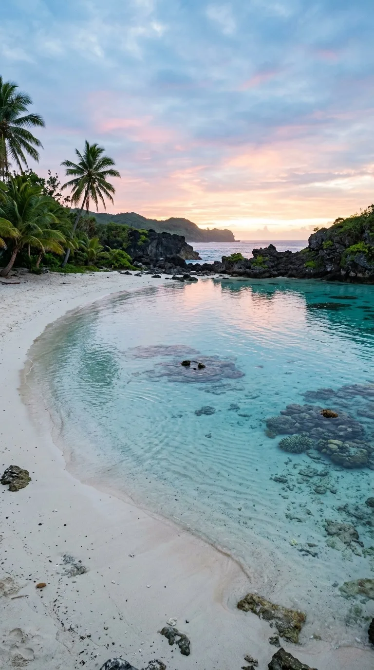 A quiet tropical lagoon with white sand.