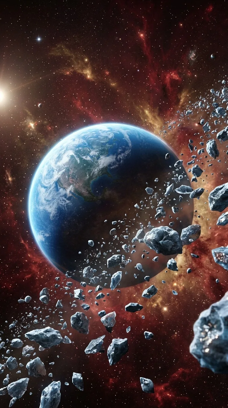 A blue planet behind a field of icy fragments.