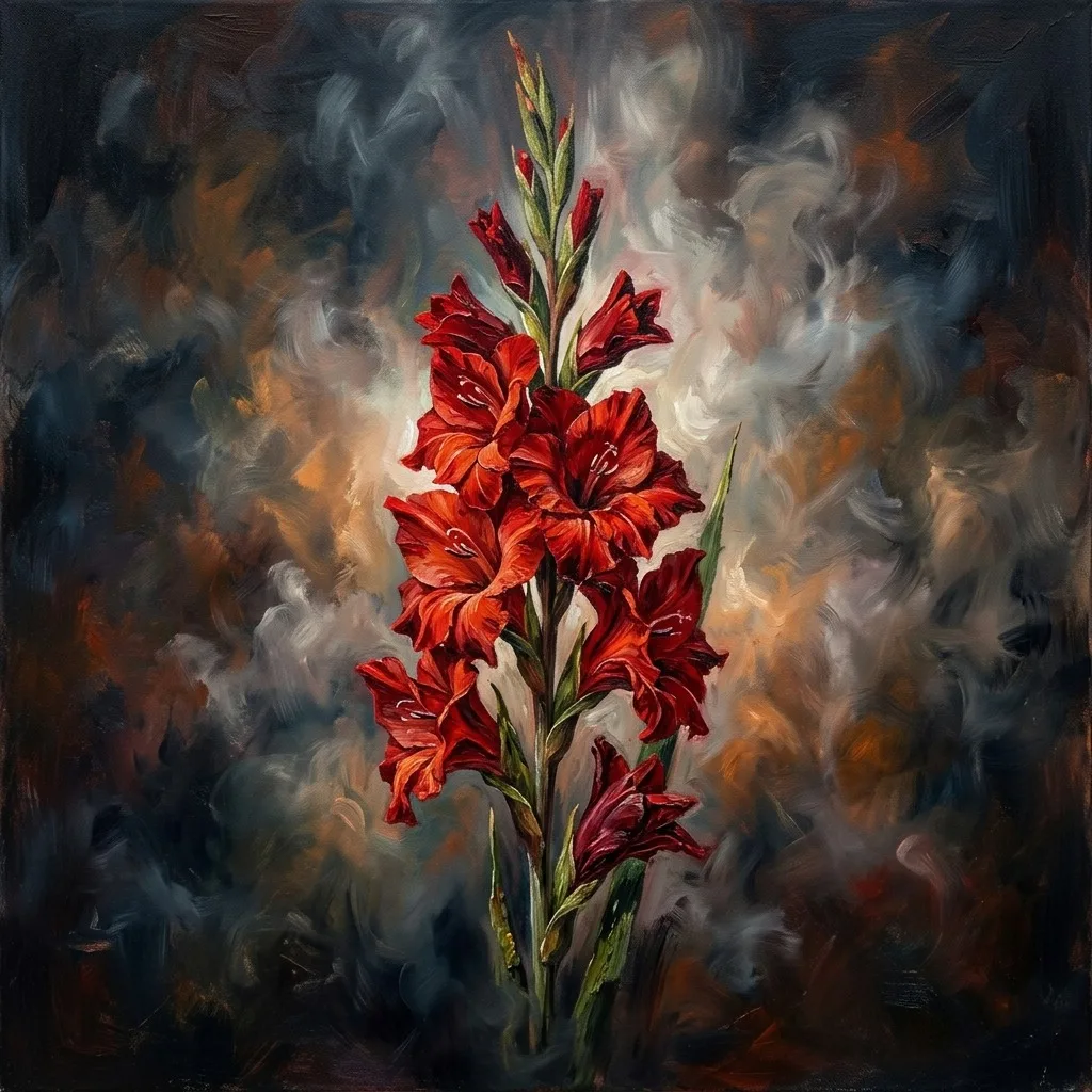 Red gladiolus rising in smoky light