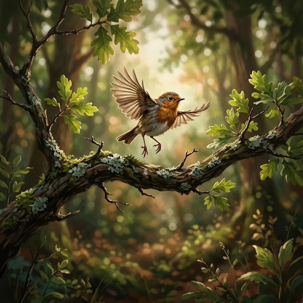 Small bird taking its first flight from a branch