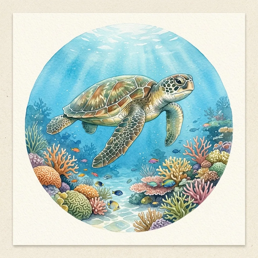 Green sea turtle above a coral garden