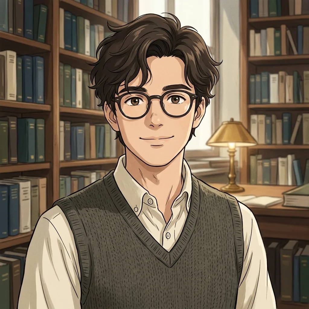 An adult man with round spectacles and charcoal vest in library