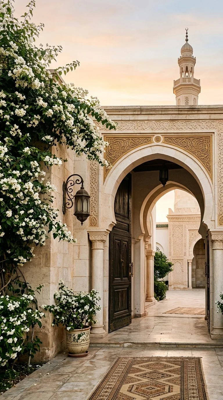 A quiet mosque entrance with flowering jasmine.
