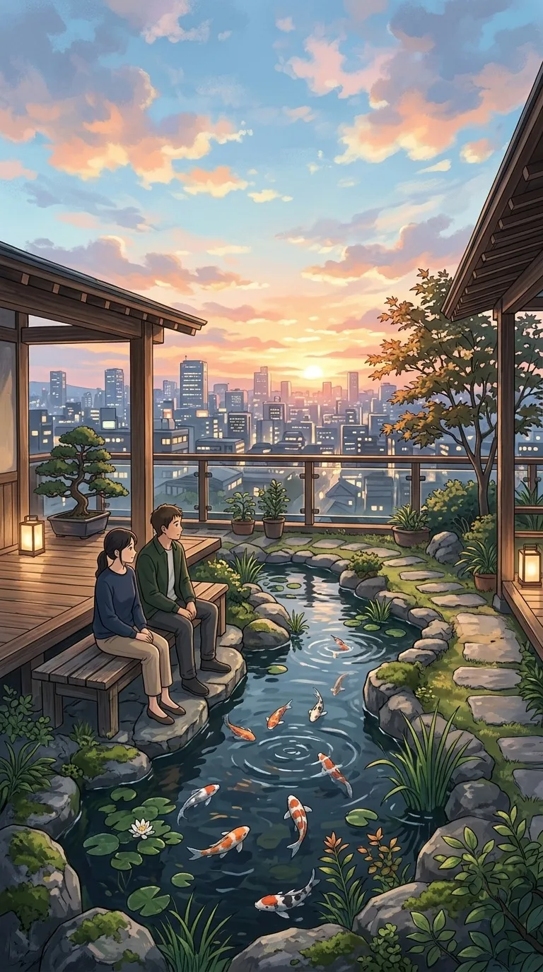 A rooftop koi pond under evening clouds.