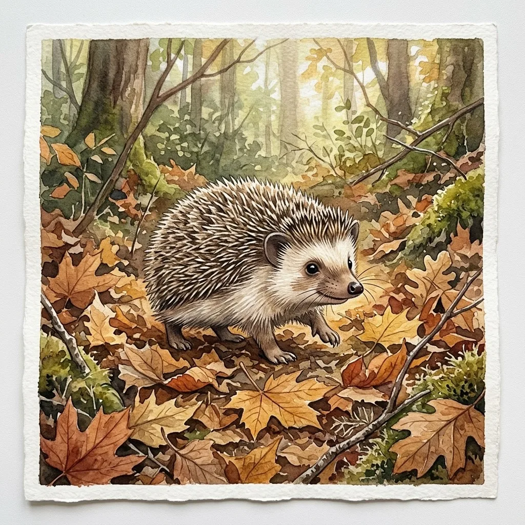 Hedgehog exploring fallen leaves