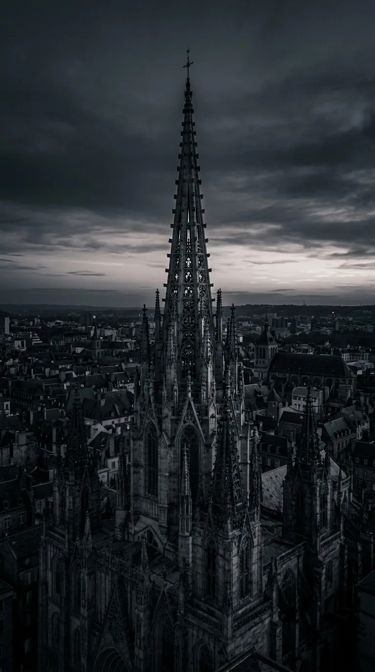 A gothic cathedral spire in twilight.
