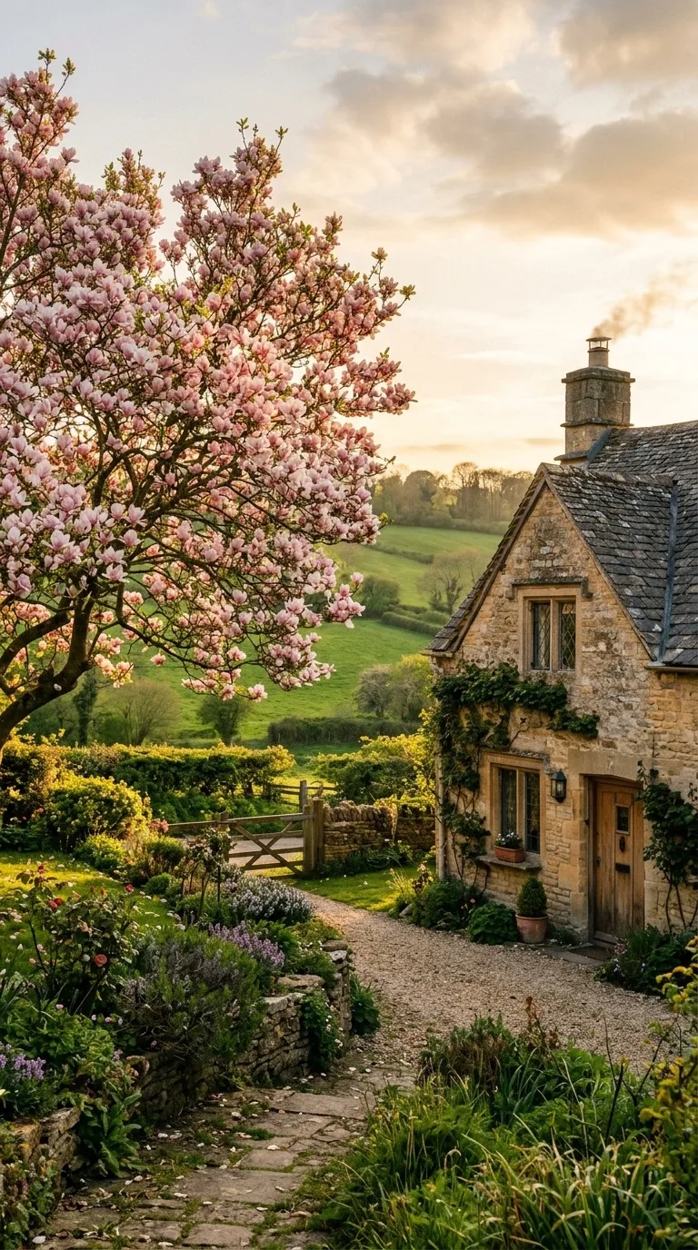 Pink magnolia tree beside a cottage.
