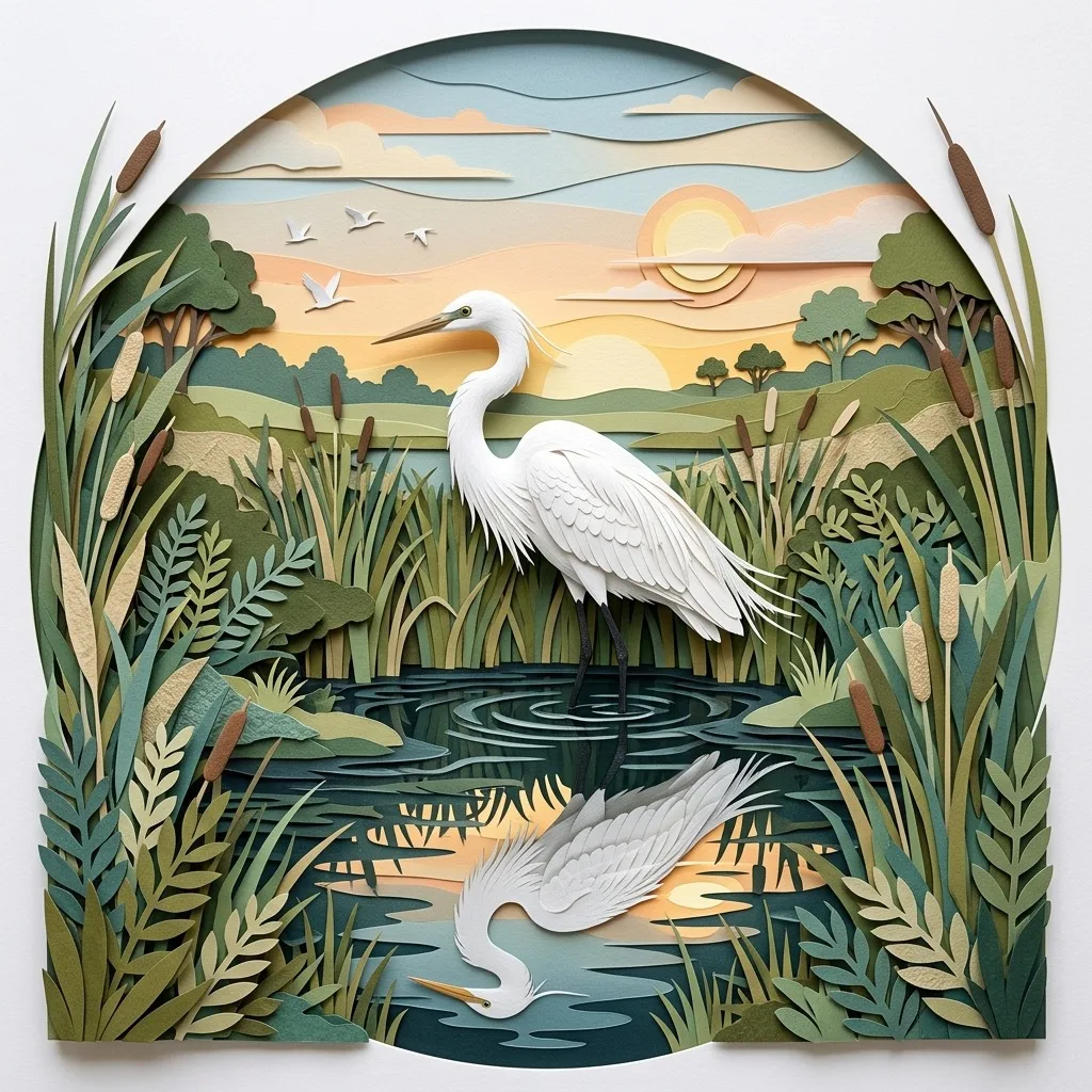 White egret reflected in marsh water