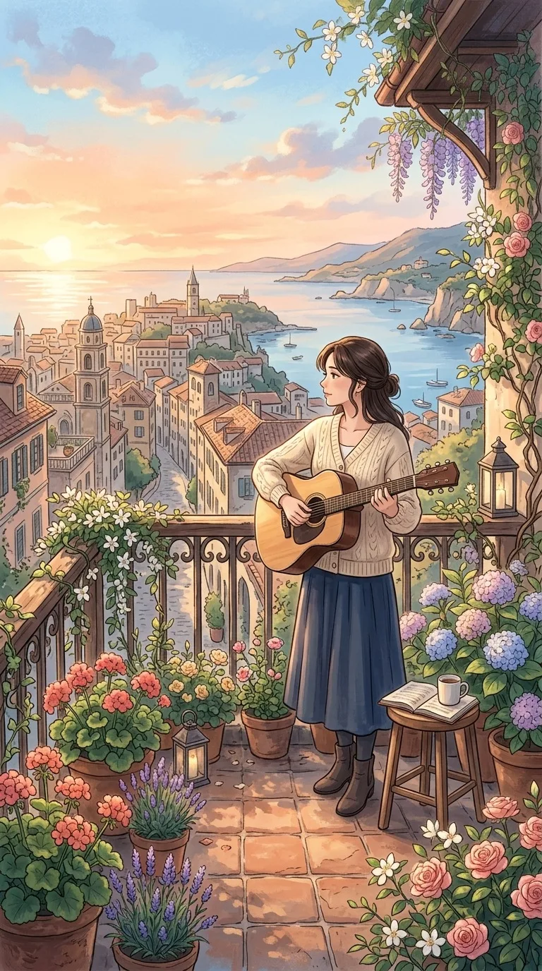 An adult musician on a flower-covered balcony.