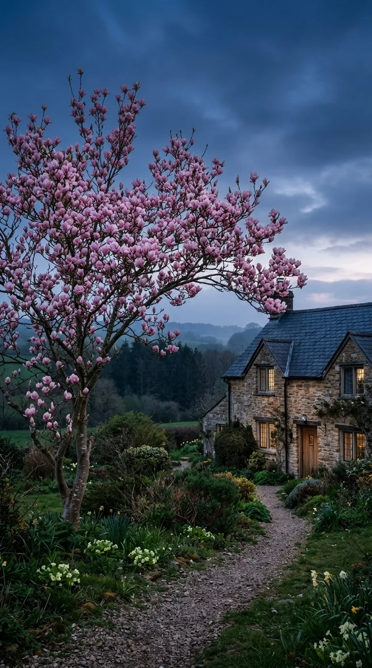 Pink magnolia tree beside a cottage.