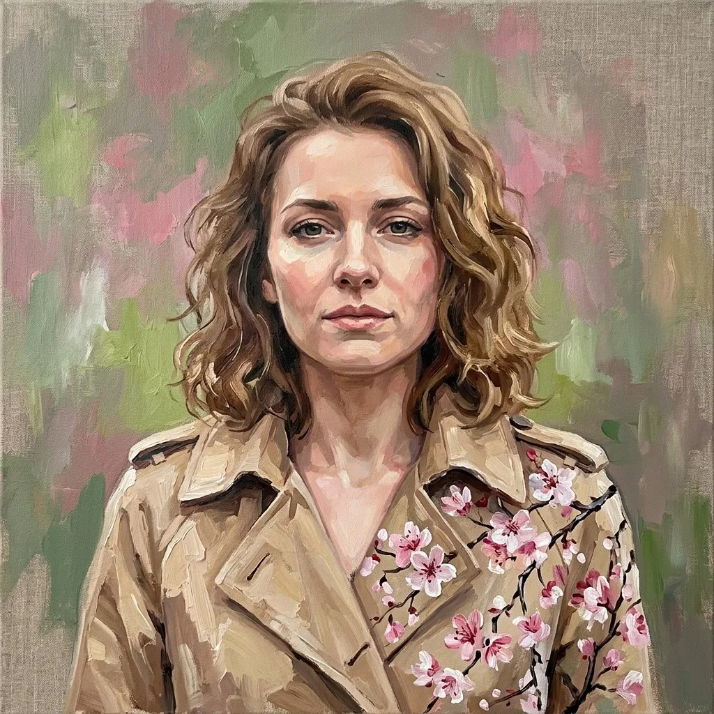 An adult woman with beige trench coat with cherry blossoms