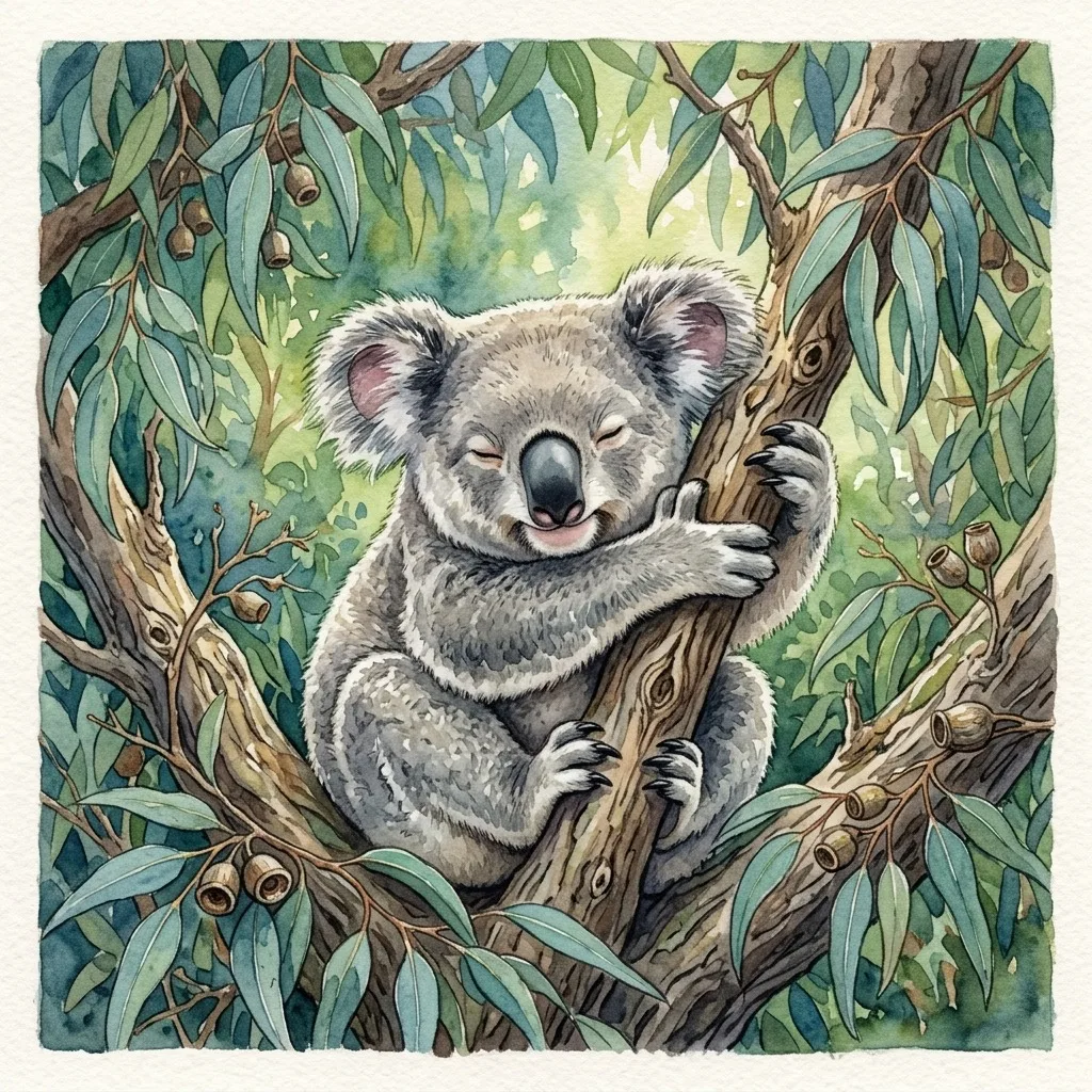 Koala resting in eucalyptus leaves