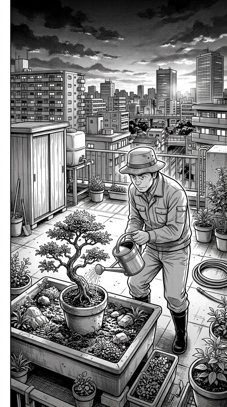 An adult gardener watering a tiny rooftop tree.