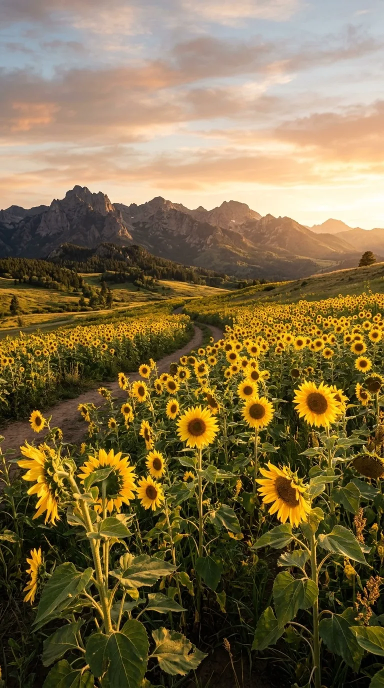 Sunflower meadow beneath distant mountains.