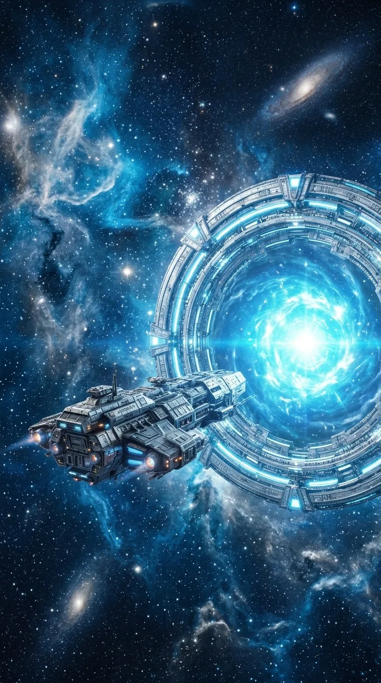 A starship approaching a luminous space gate.