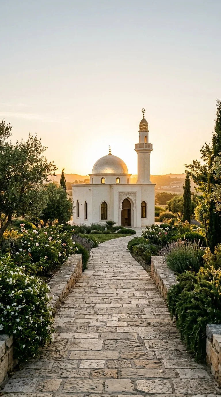 A garden path leading toward a small white mosque.
