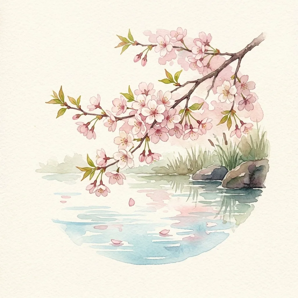 Cherry blossom branch above a pond