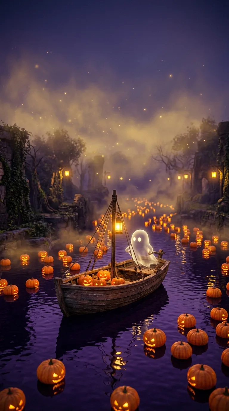 A ghost rides a wooden boat through purple water surrounded by floating pumpkin lanterns