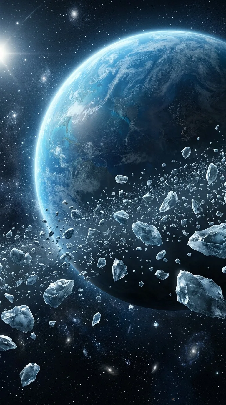 A blue planet behind a field of icy fragments.