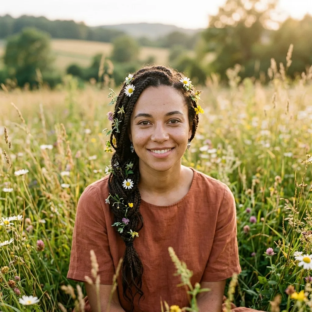 An adult woman with braided hair with wildflowers at meadow