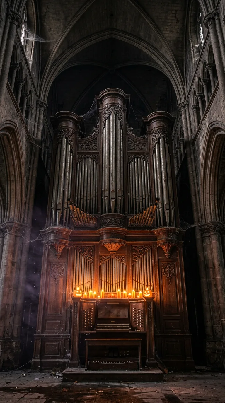 Pumpkin candles illuminate a towering pipe organ in a shadowy gothic hall