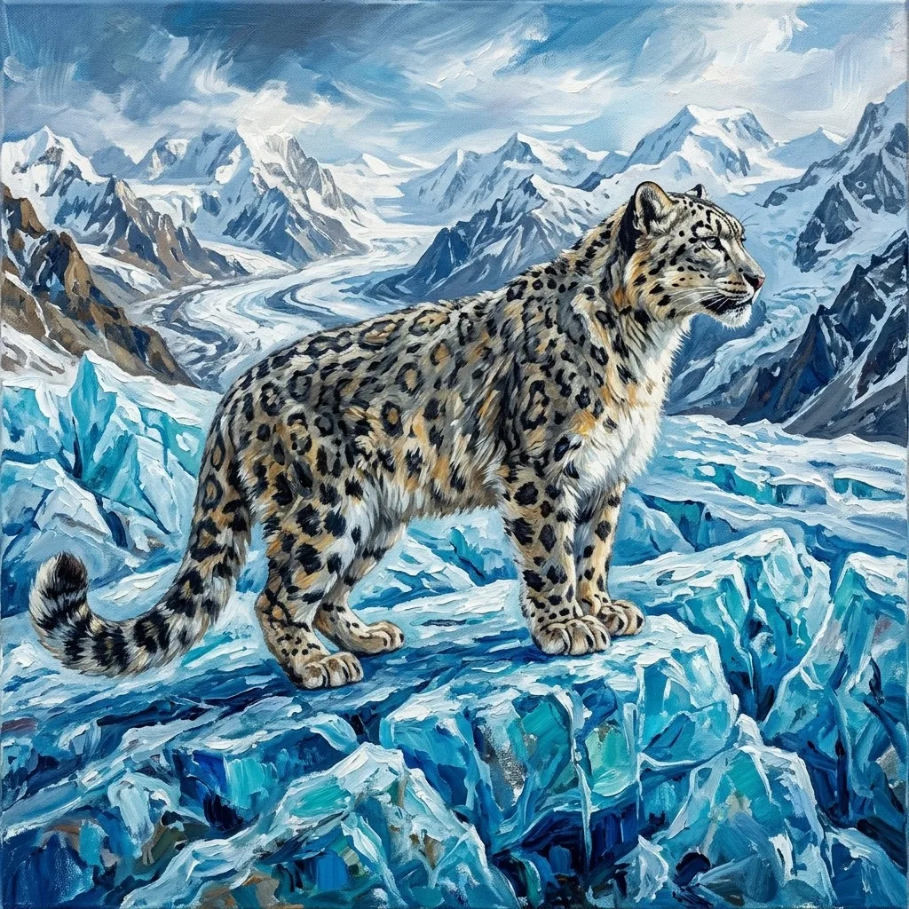 Snow leopard on blue ice