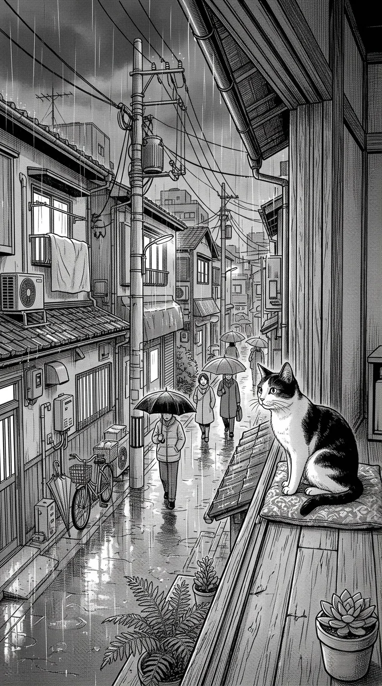 A cat watching a rainy alley from a windowsill.