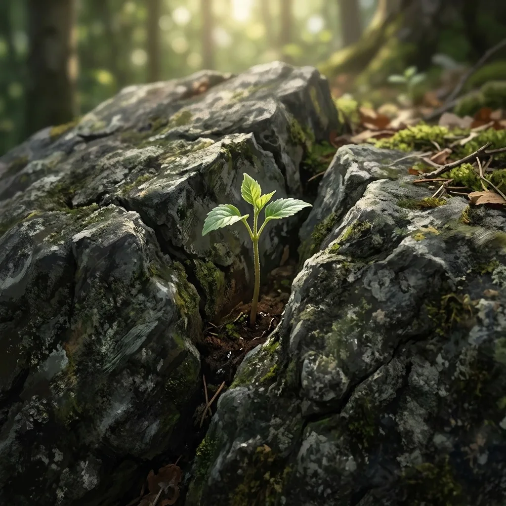 Small green seedling breaking through a stone crack