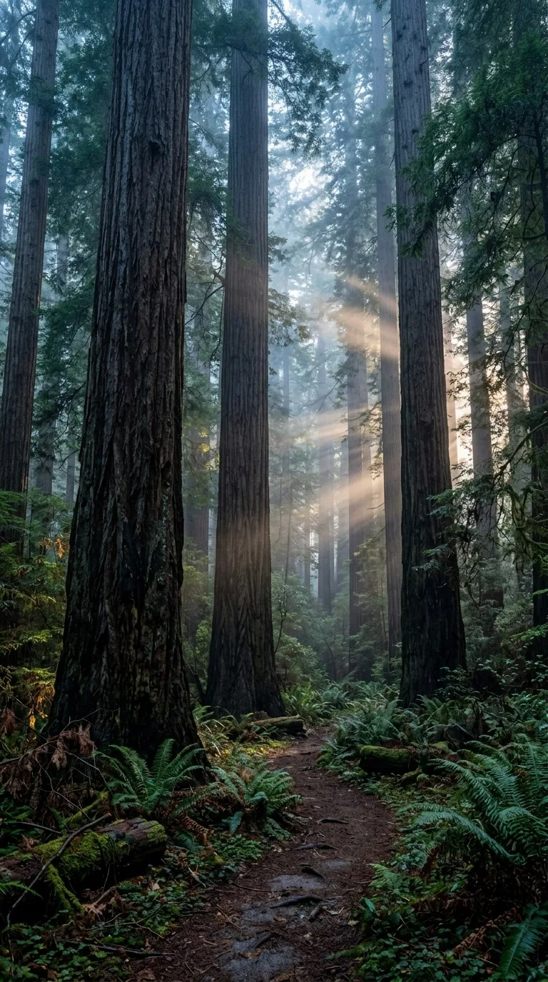 Misty redwood forest with sunbeams.