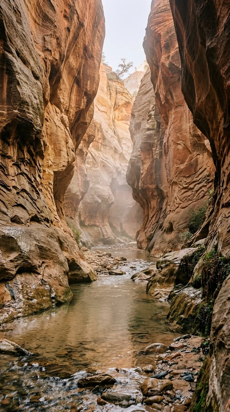 Sandstone canyon with a narrow river.