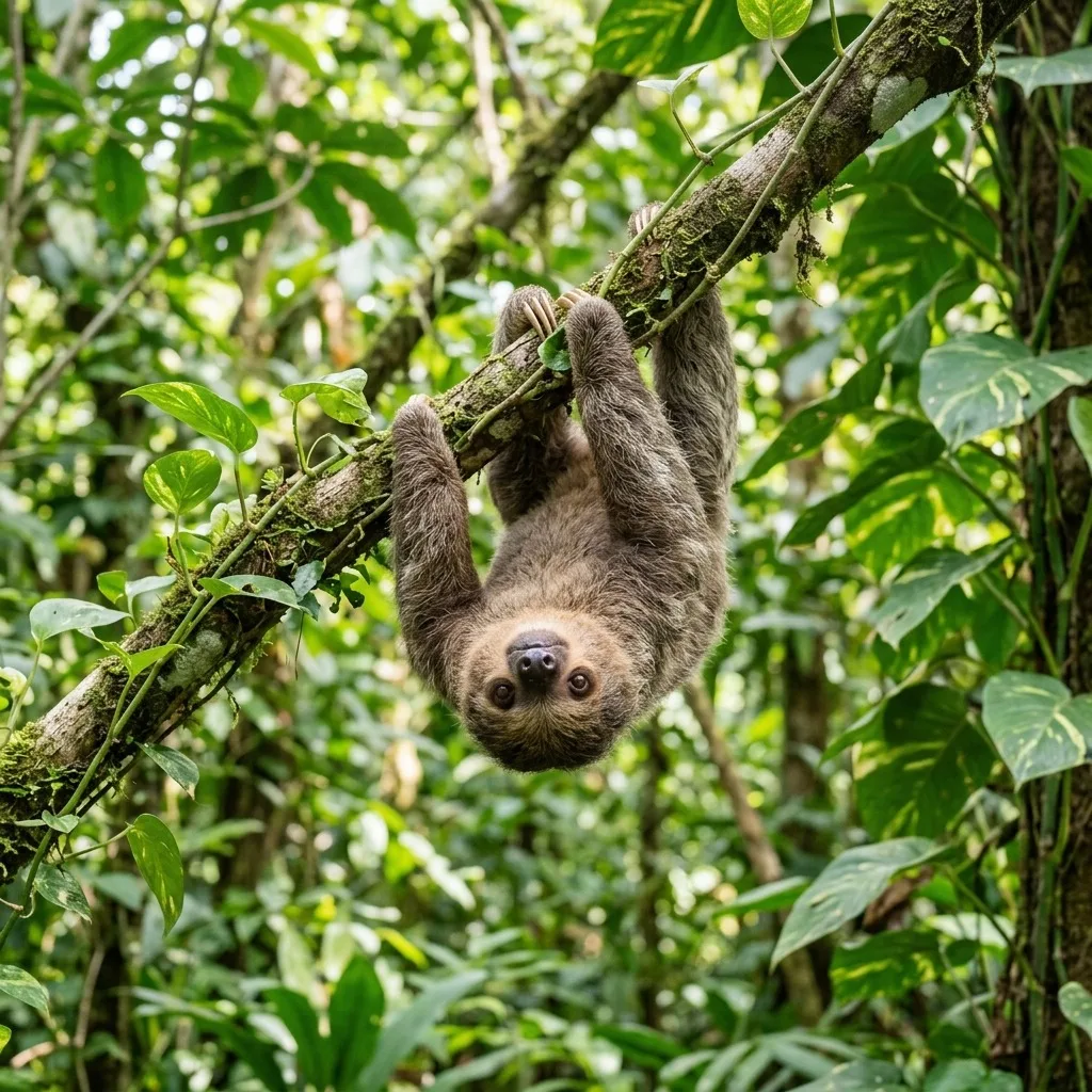 Baby sloth hanging from a leafy branch