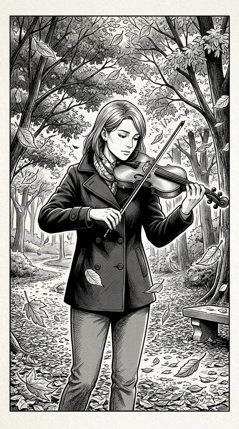 An adult violinist under falling leaves.