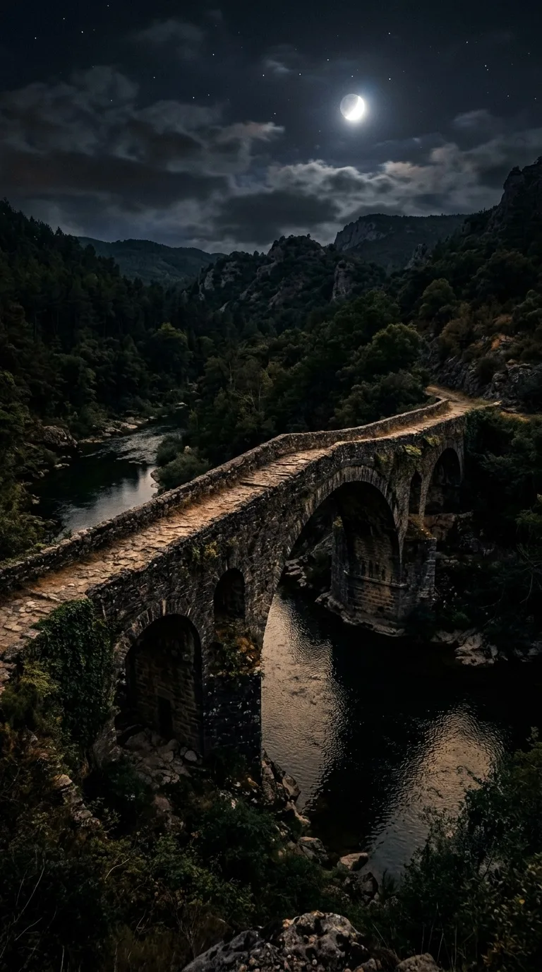 An abandoned stone bridge in moonlight.