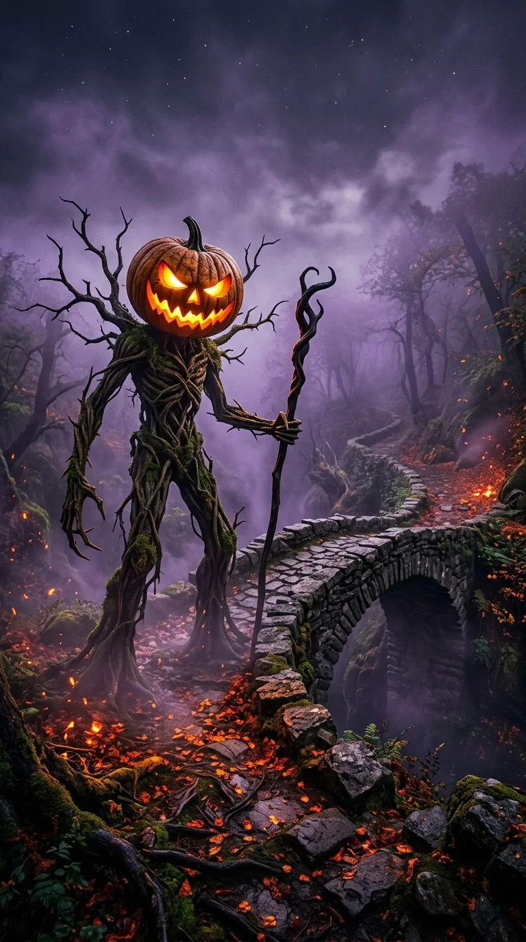A tall pumpkin-headed guardian with branching wooden limbs stands beside a misty stone bridge