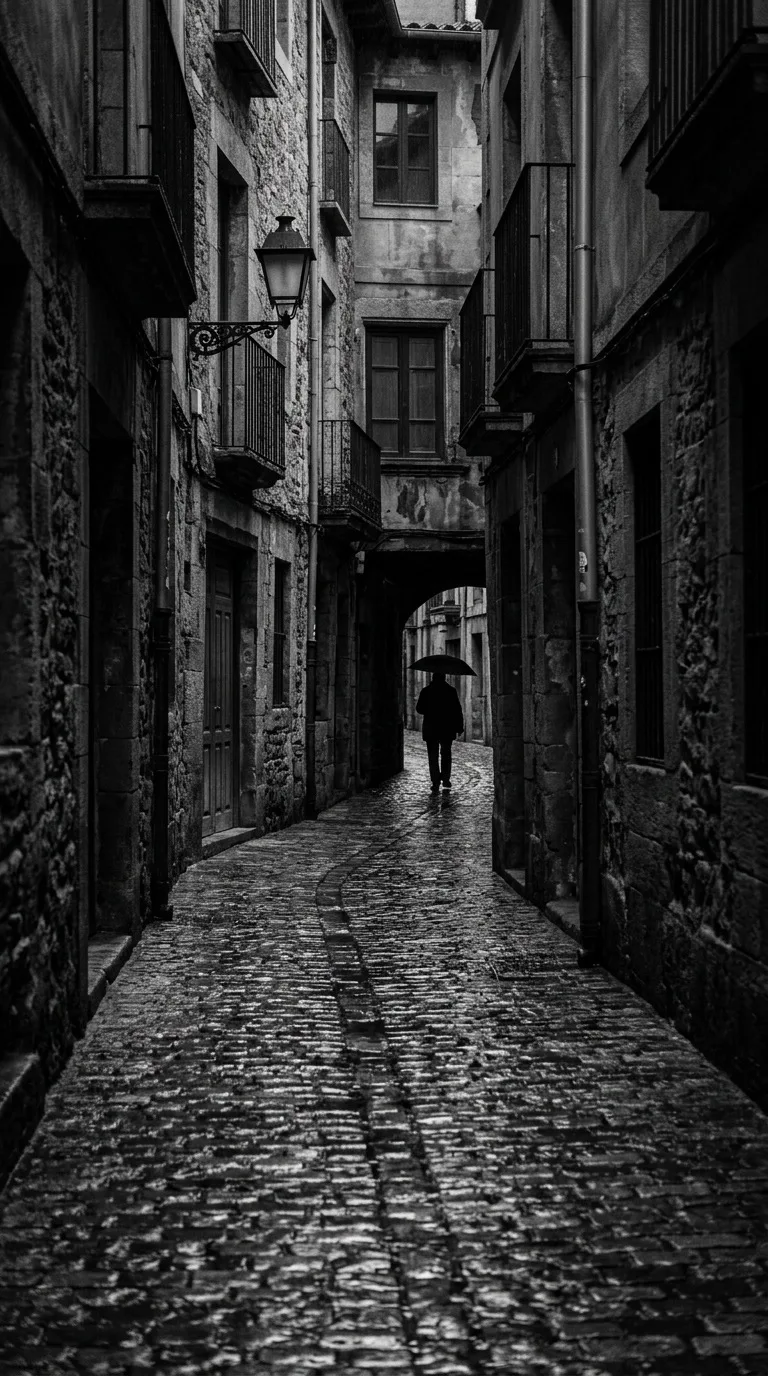 A rain-soaked cobblestone alley.