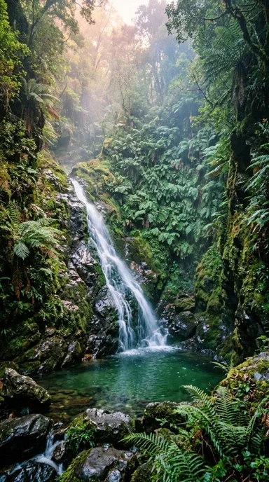 Emerald waterfall in a fern canyon.