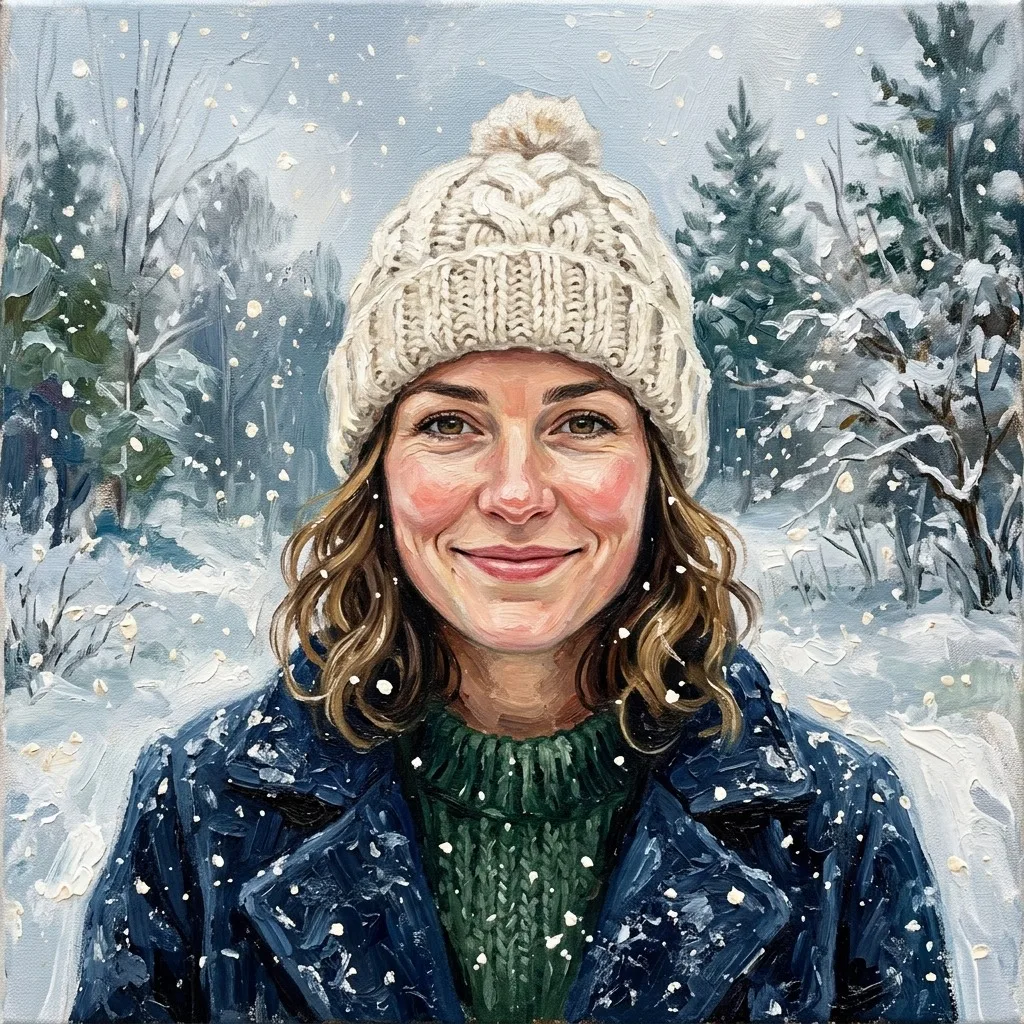 An adult woman with ivory knit hat in gentle snowfall