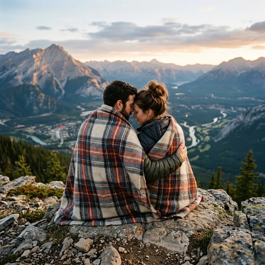 Adult couple on a mountain overlook wrapped in one wool blanket