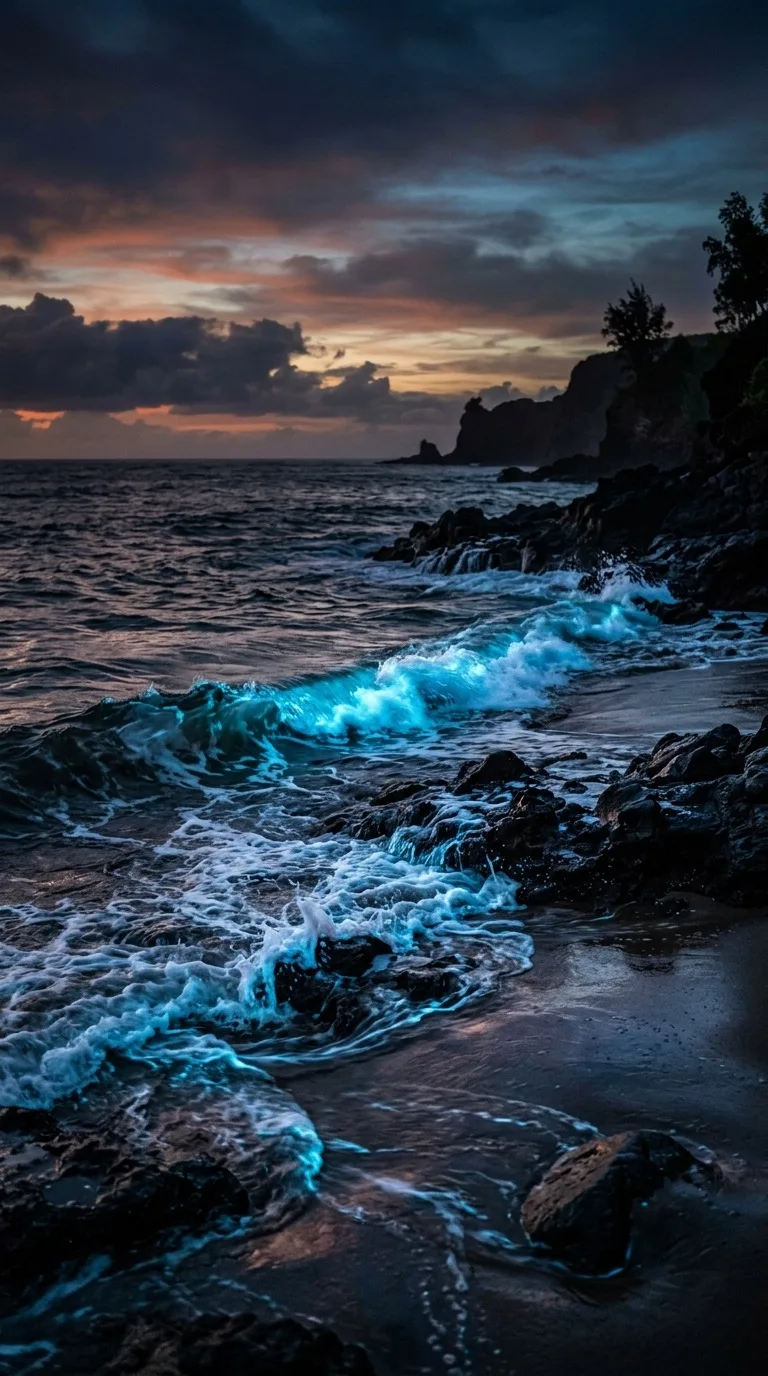 A bioluminescent shoreline.