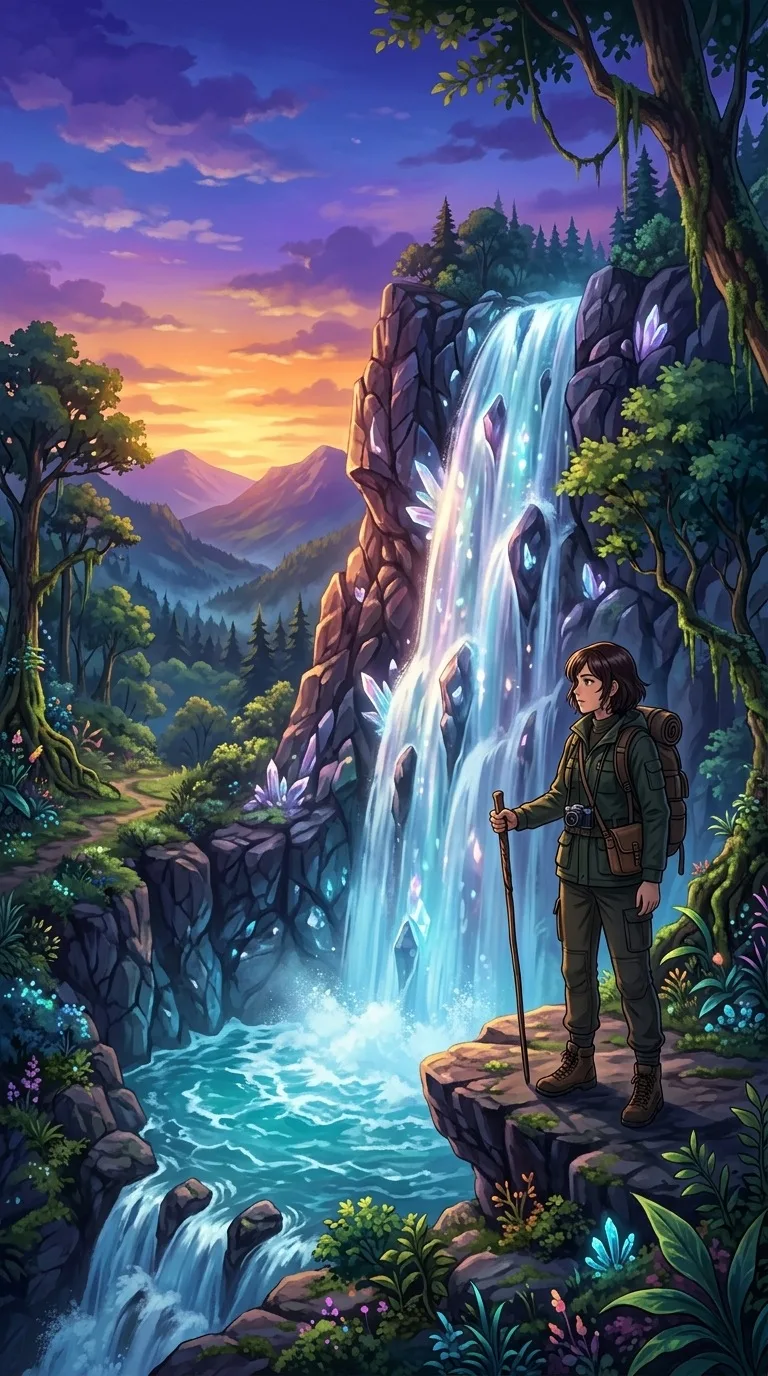 An adult explorer beside a crystal waterfall.