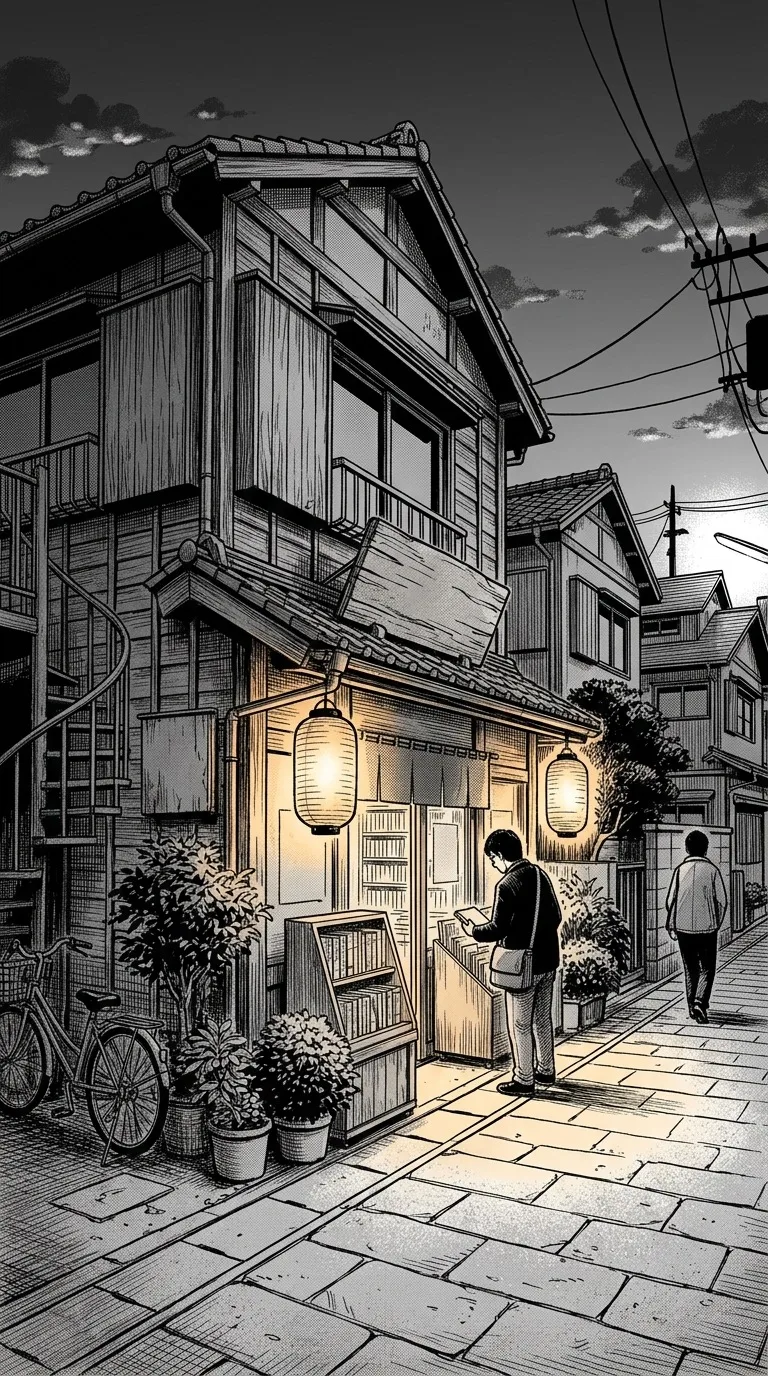 A tiny lantern-lit bookstore on a quiet corner.
