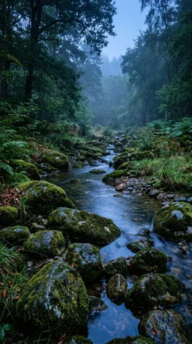 Moss-covered stones beside a stream.