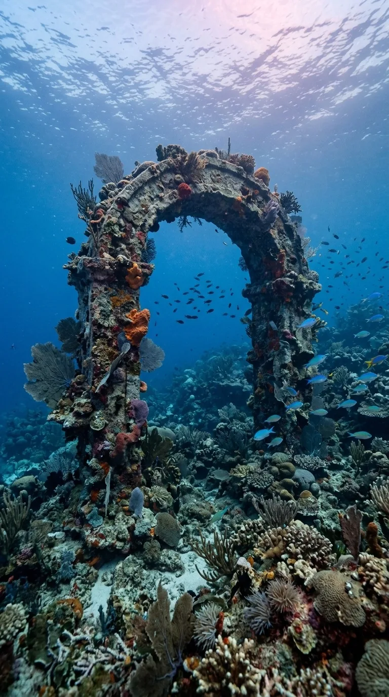 A sunken stone arch among coral.