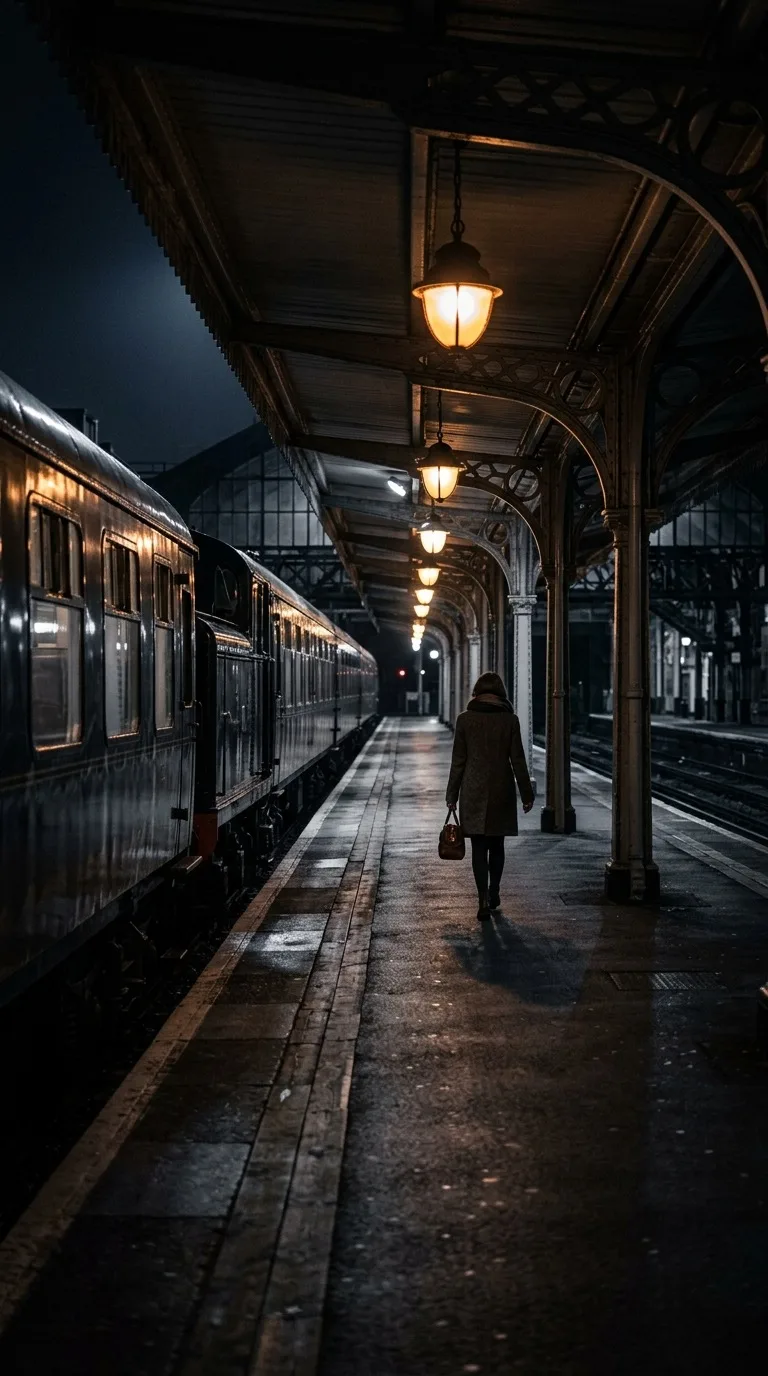 A midnight train platform with amber lights.