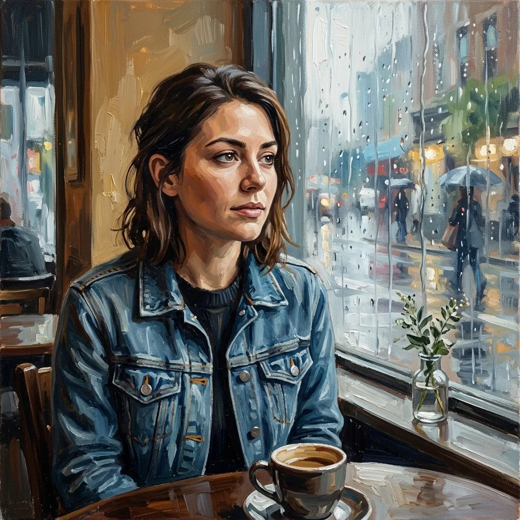 An adult woman with denim jacket beside rainy cafe window