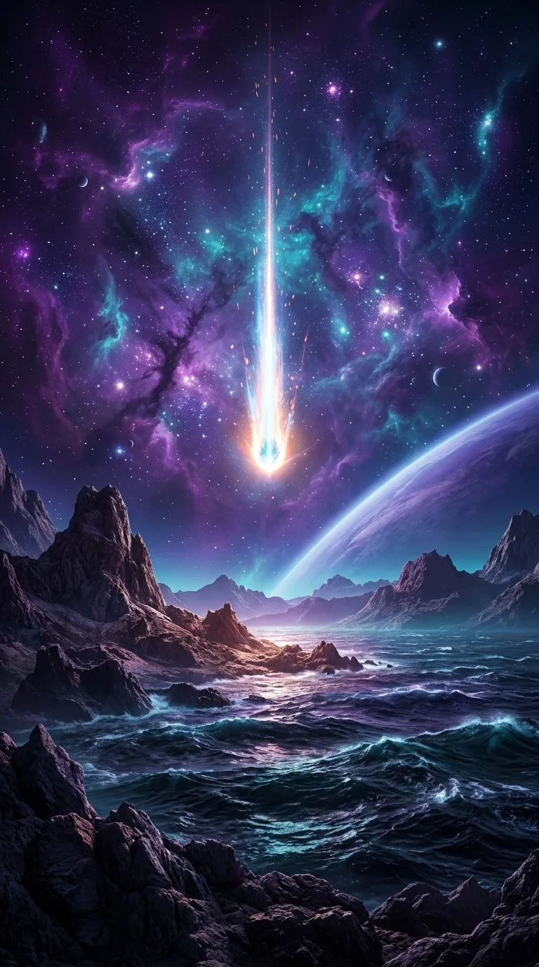 A meteor glowing above an alien ocean.