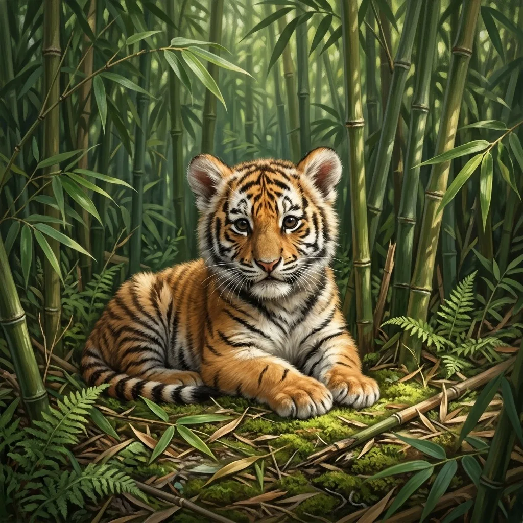 Tiger cub among bamboo shadows